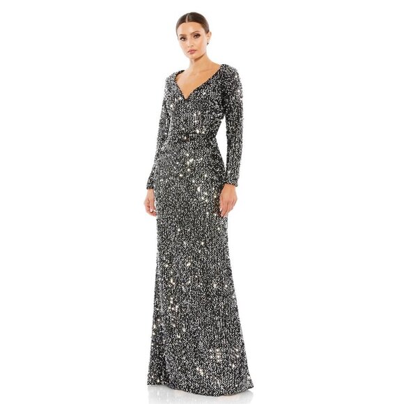 NWT Mac Duggal Black and Silver Long Sleeve Sequined Evening Gown 6 - Picture 1 of 8
